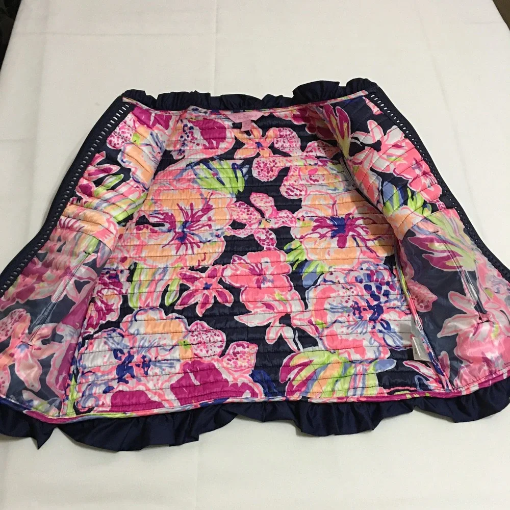 Lilly Pulitzer Quilted Vest Girls XL Navy Blue Ruffle Trim Full Zip Floral Lined